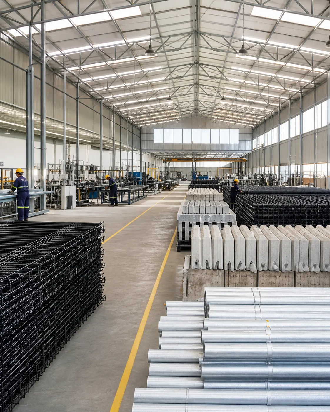 Factory interior visualization with fencing panels and concrete components