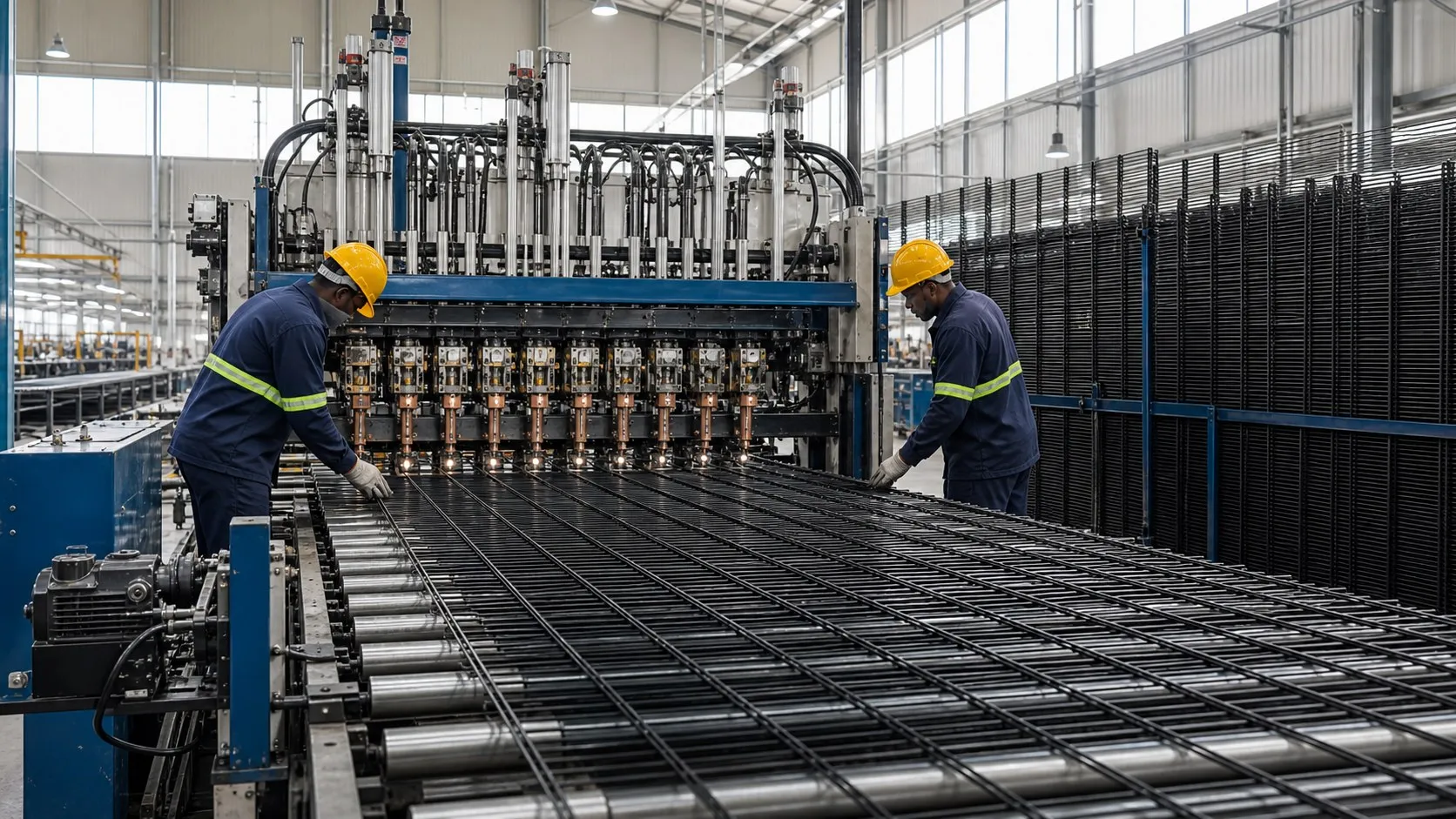 ClearView anti-climb fence panels moving through an automated mesh-welding and inspection line