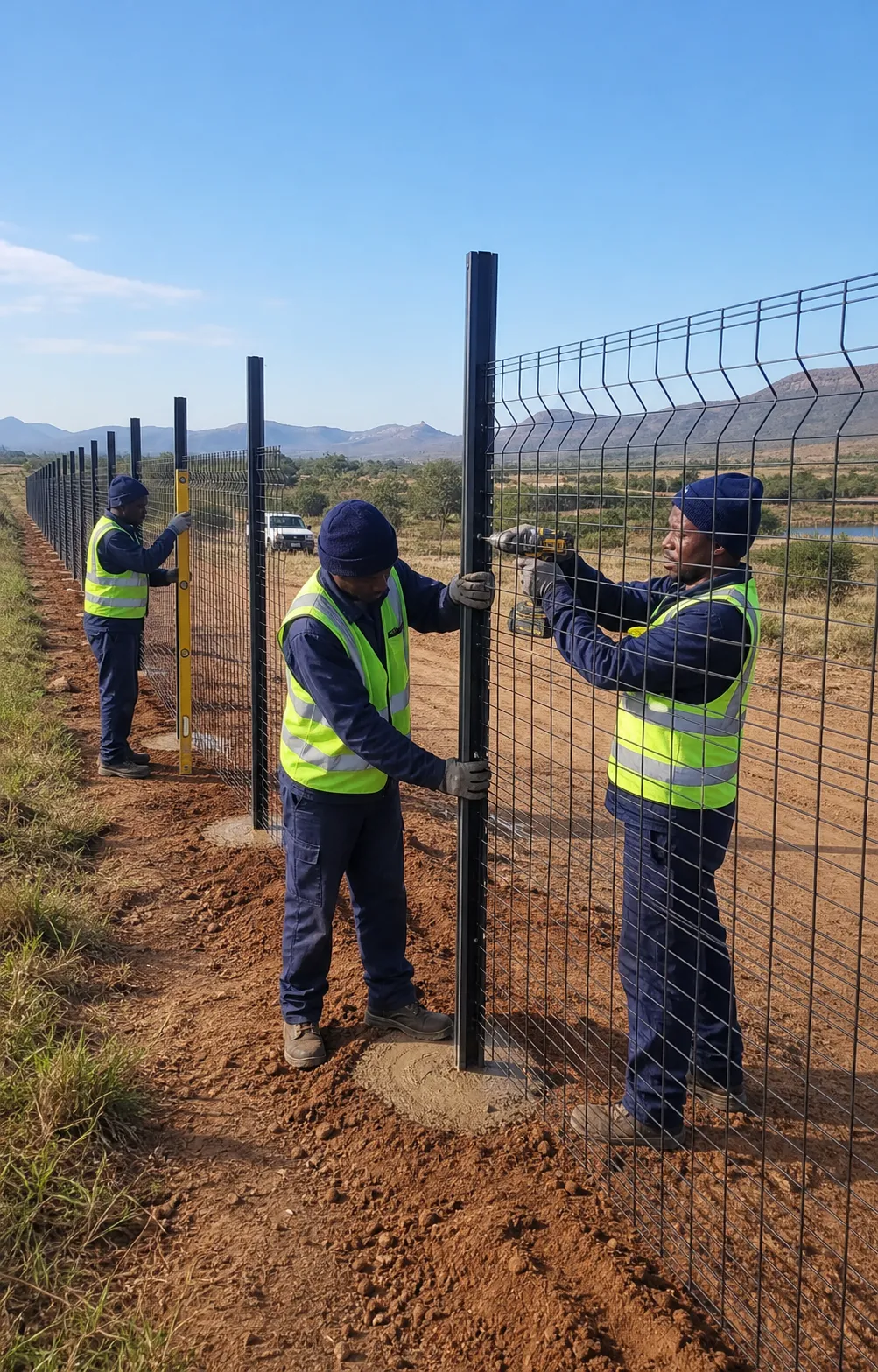 Installation crew aligning posts and fixing ClearView welded-mesh panels on a South African site