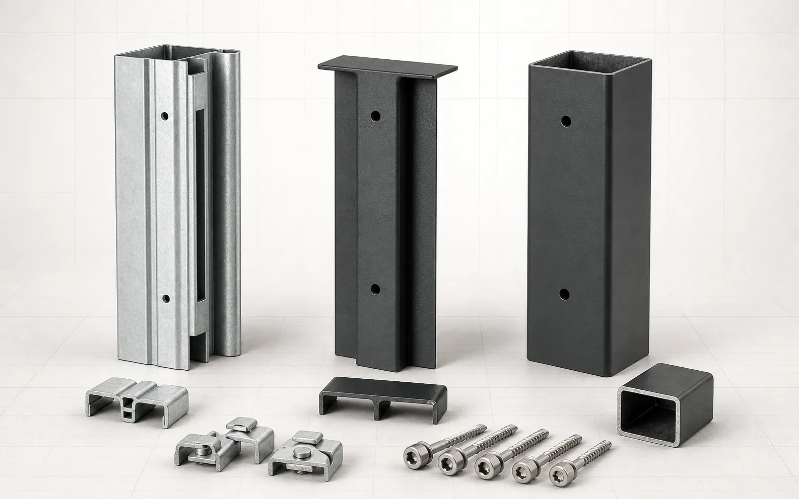 Illustrative ClearView Evo, T-post, square tube, fixator and screw product lineup
