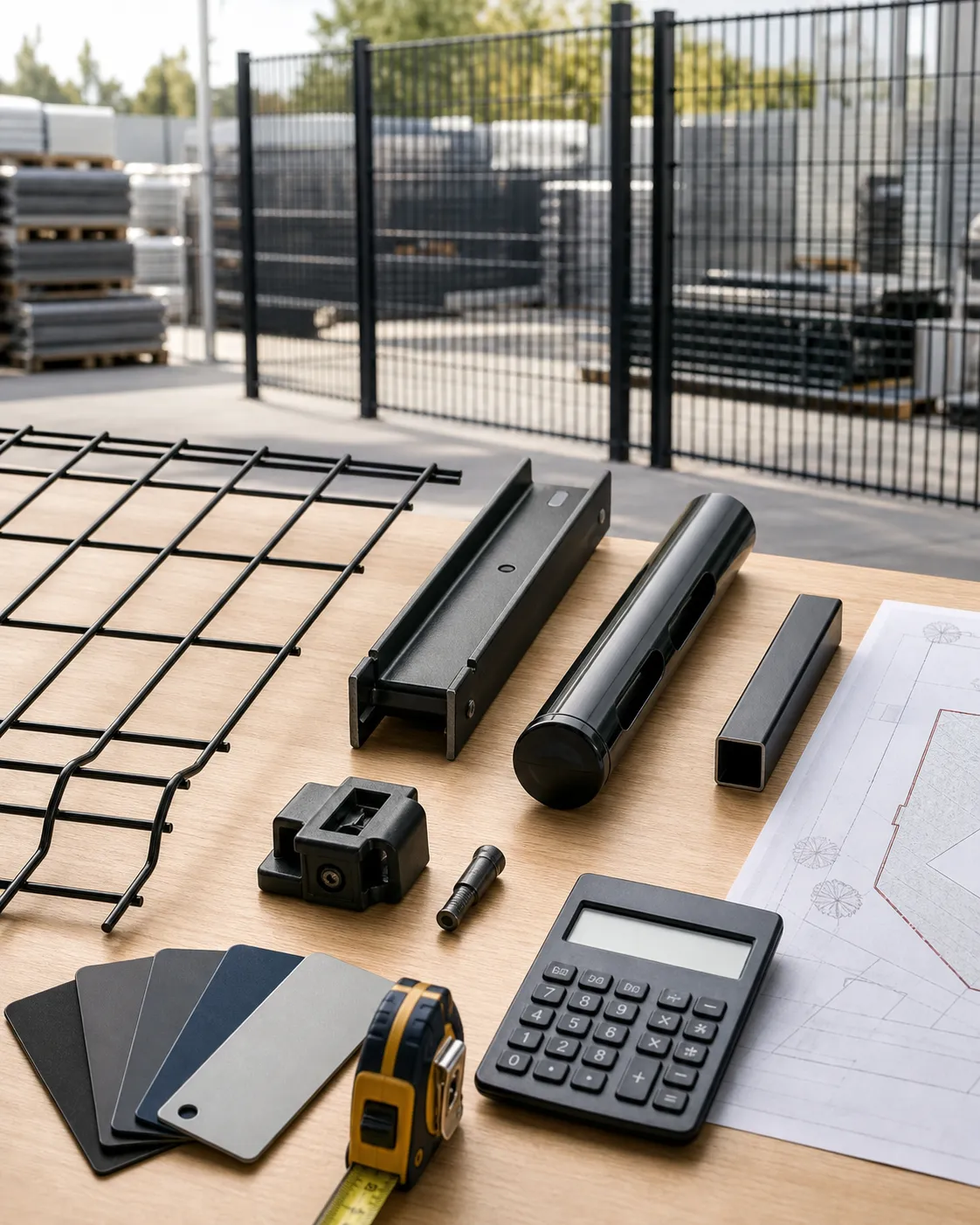 ClearView material samples, coating colours, plan, tape measure and calculator arranged for estimating