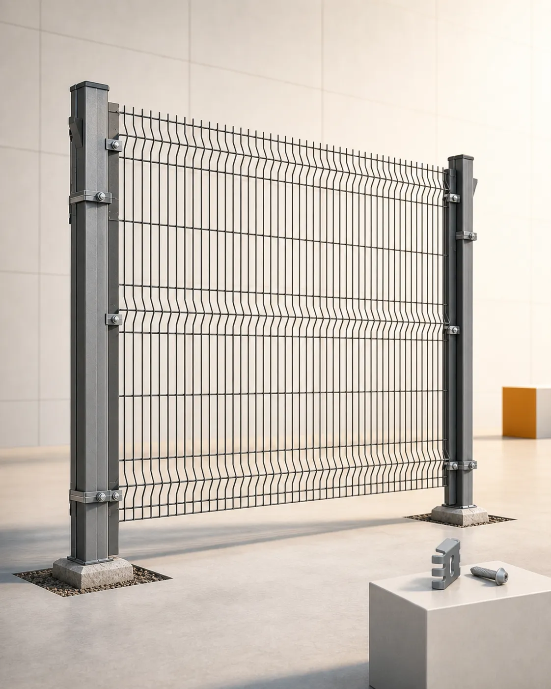 ClearView welded-mesh fence bay, steel posts, fixator and security screw in a bright technical studio