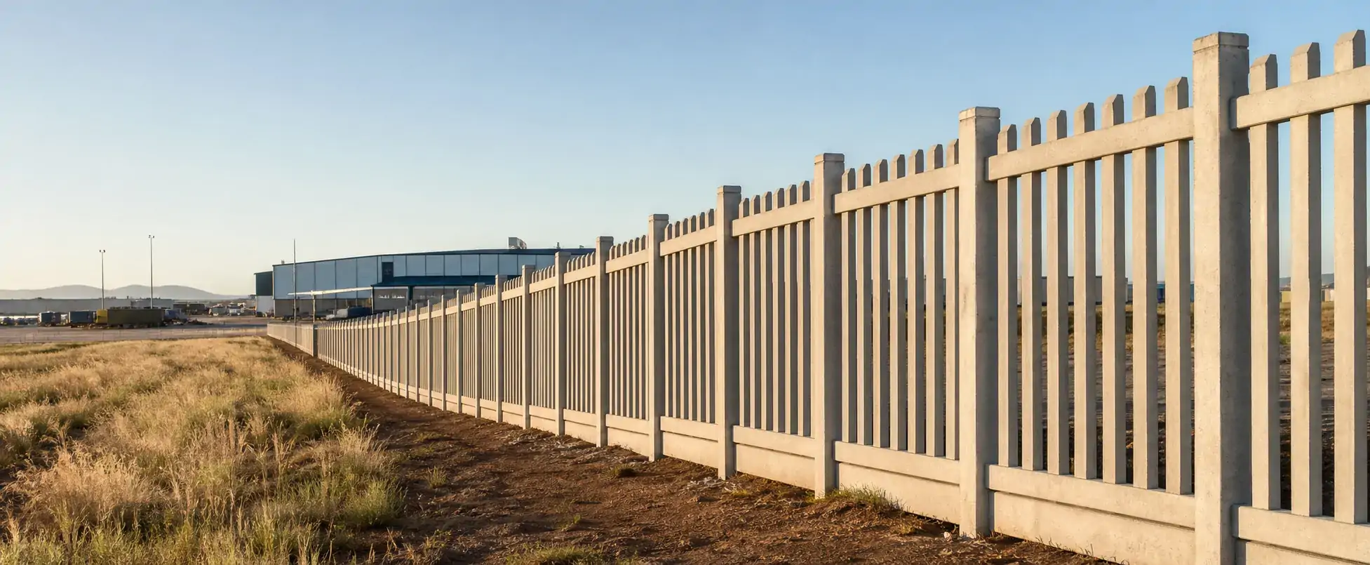 Long installed concrete palisade perimeter fence
