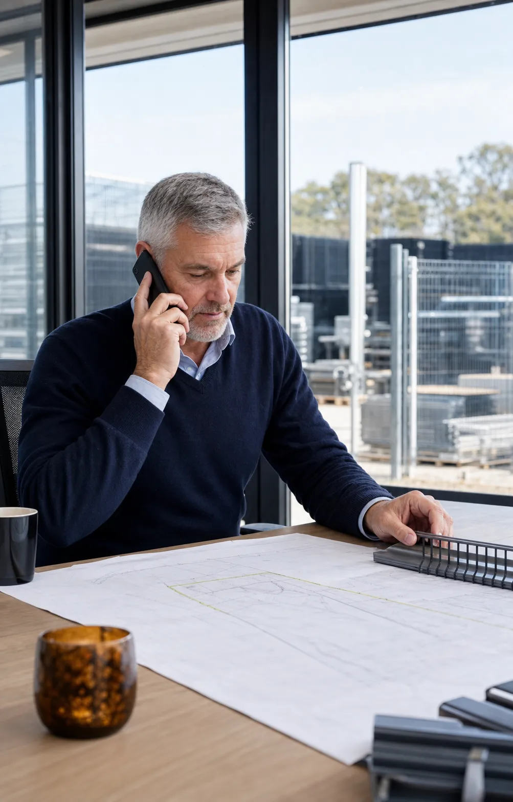 Fencing project coordinator discussing a client enquiry while reviewing a site plan