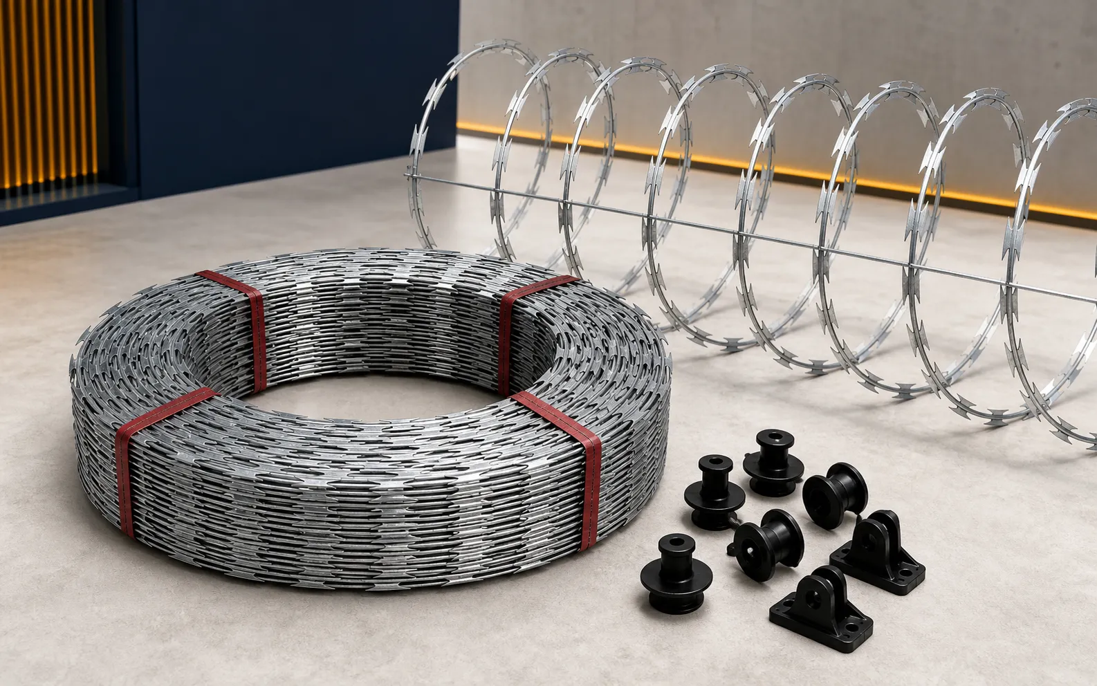 Illustrative galvanised electro coil and fixing hardware render