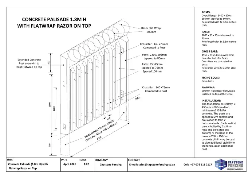 Concrete palisade installation and flatwrap detail