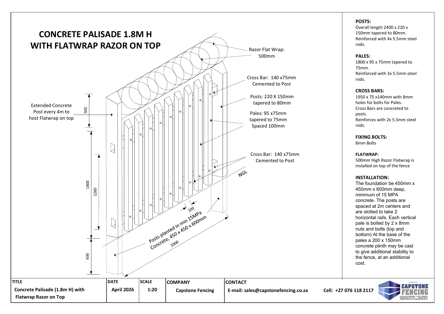 Concrete palisade installation and flatwrap detail