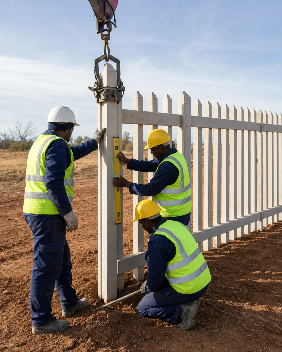 Crew safely positioning and aligning a precast concrete palisade post