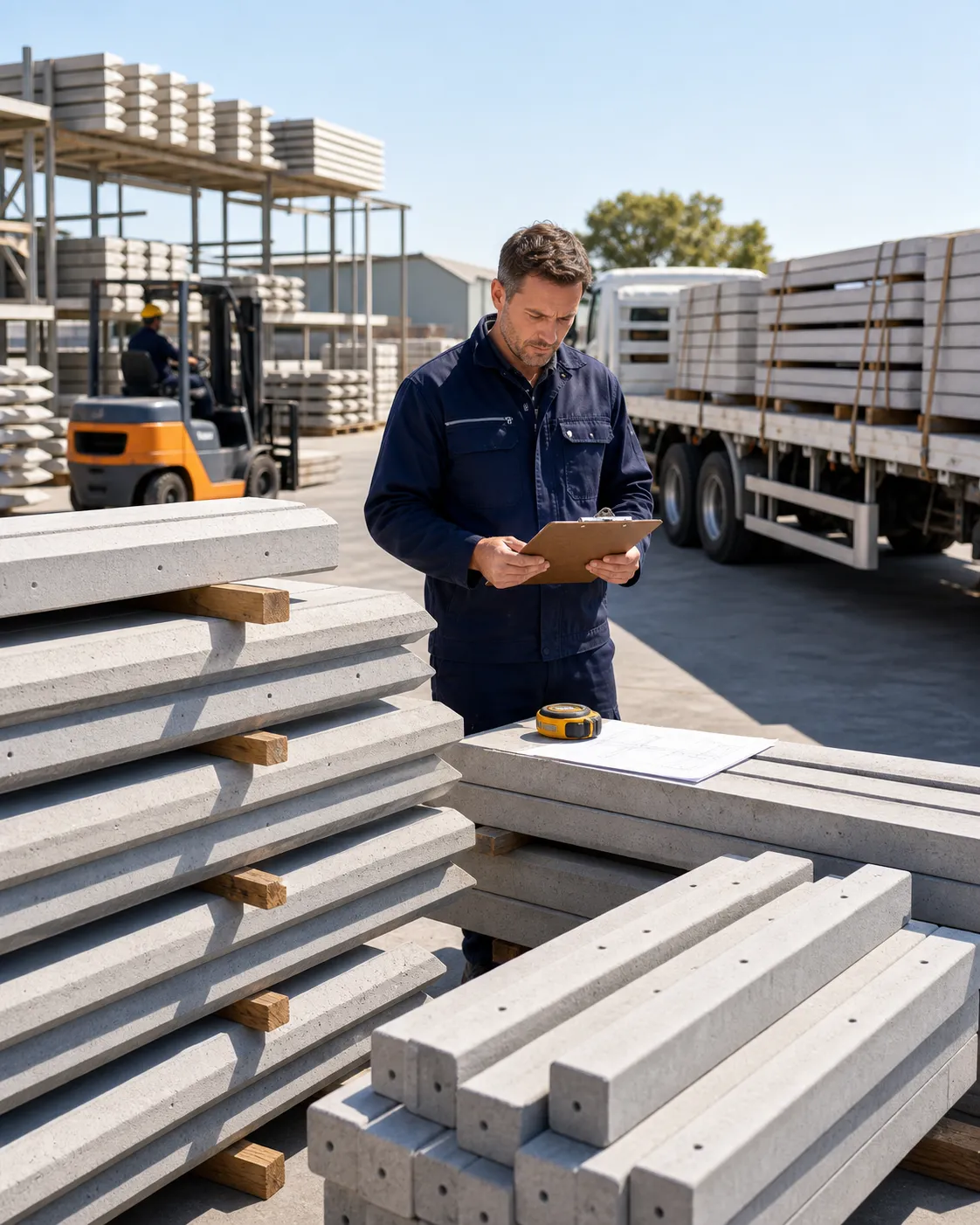 Precast concrete palisade components staged for quantity review and national delivery