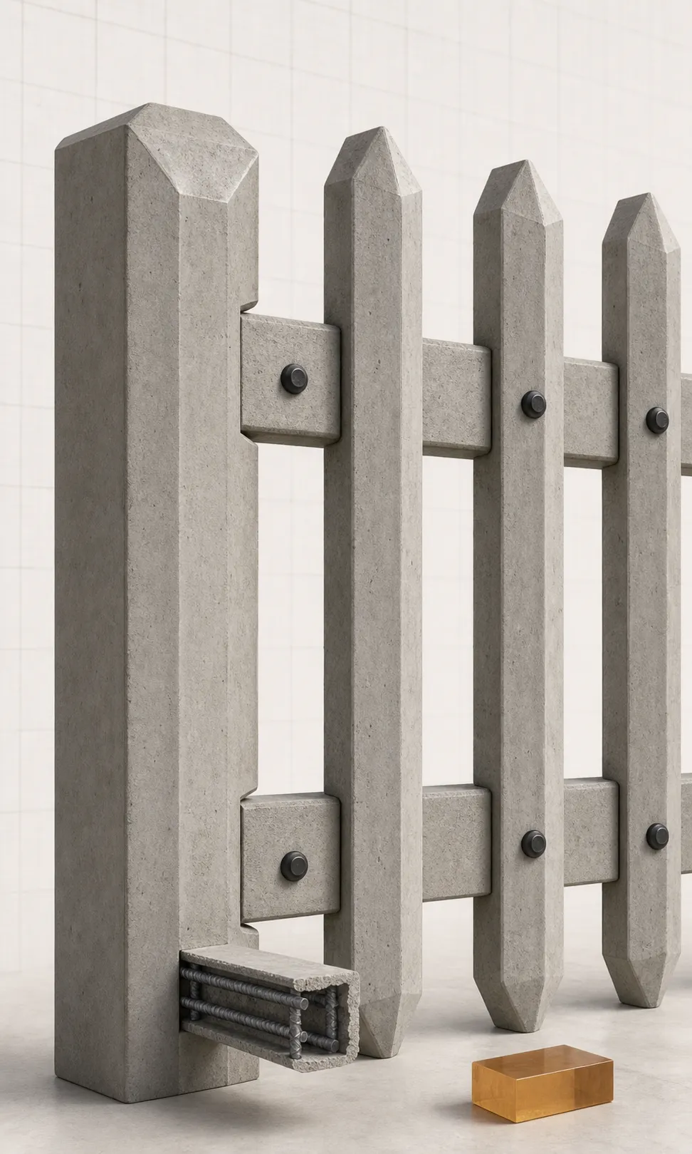 Close technical view of a reinforced concrete palisade post, crossbars, bolted pales and reinforcement