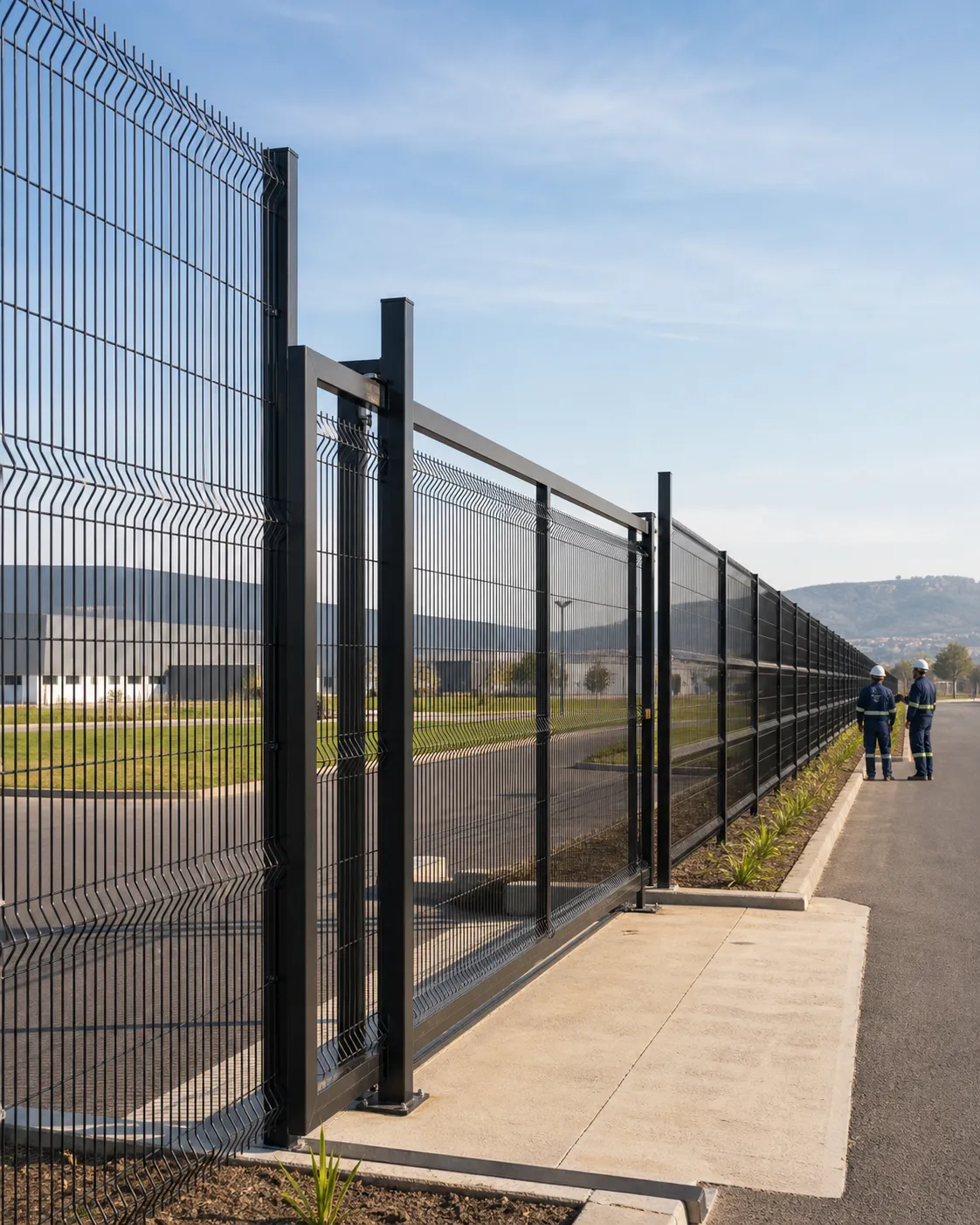 Large industrial property protected by a completed black ClearView fence and vehicle gate