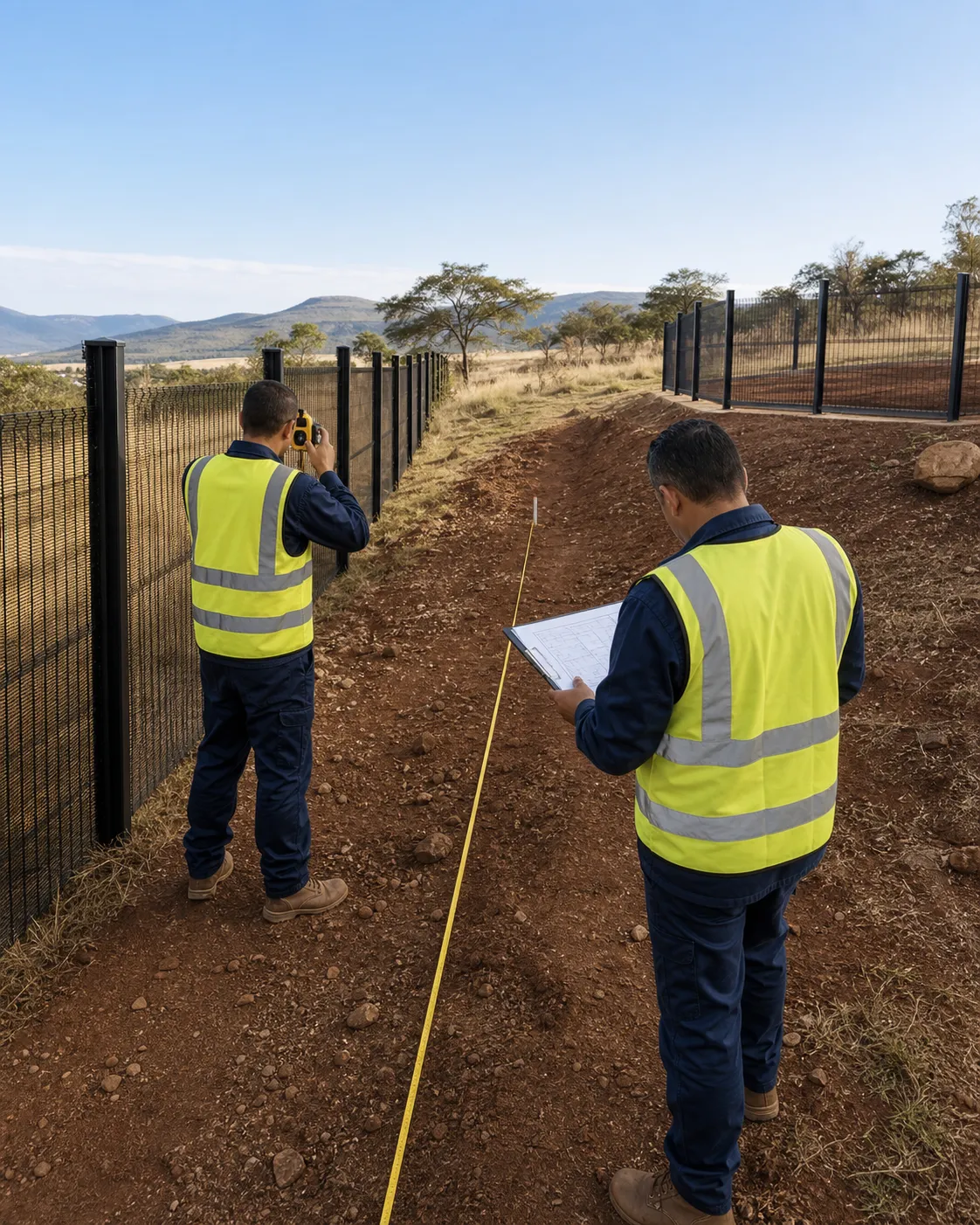 Two fencing specialists surveying a South African site boundary before quotation