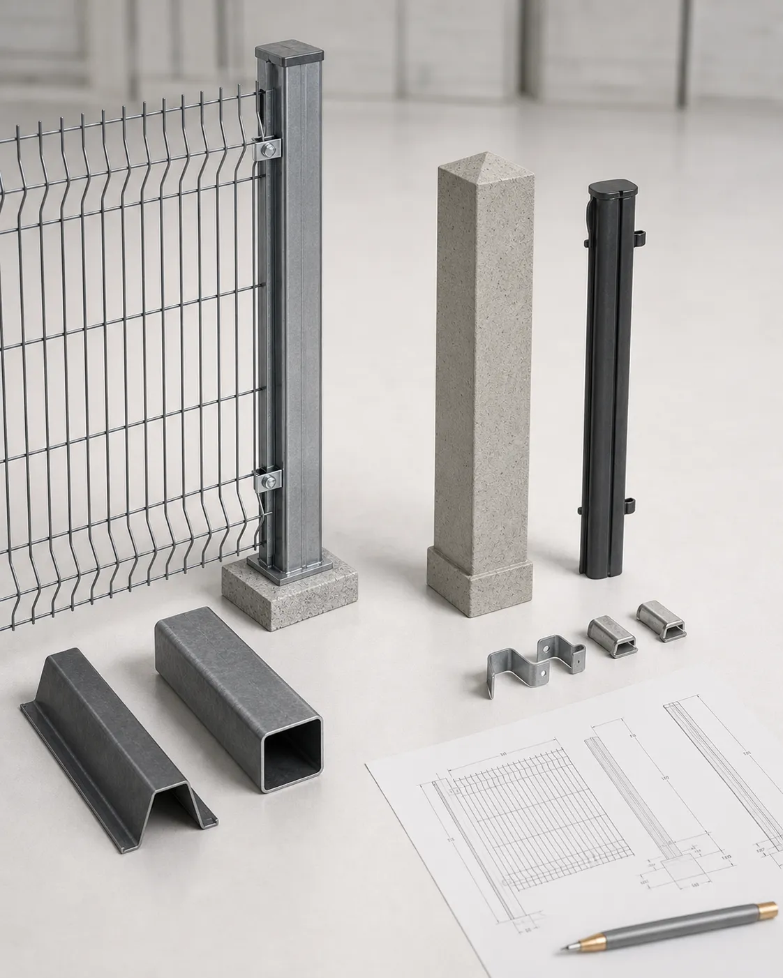 ClearView, steel post, square tube and concrete palisade components arranged with a technical drawing