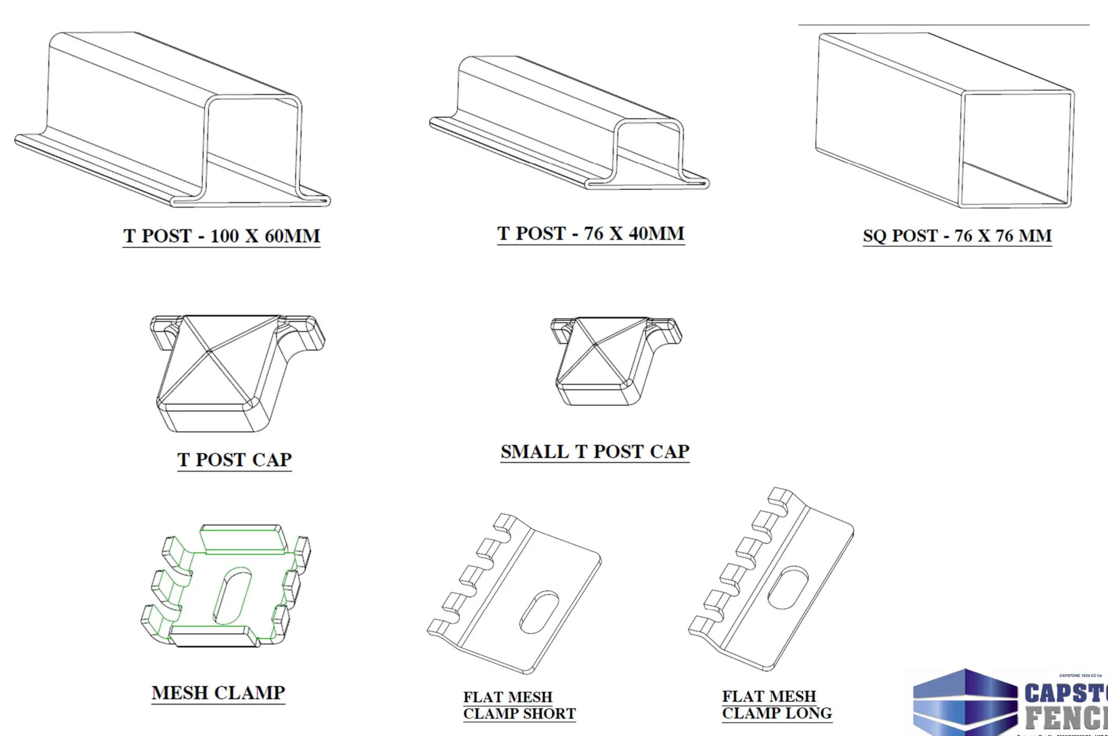 Original Capstone drawing of T-posts, square post, caps and mesh clamps