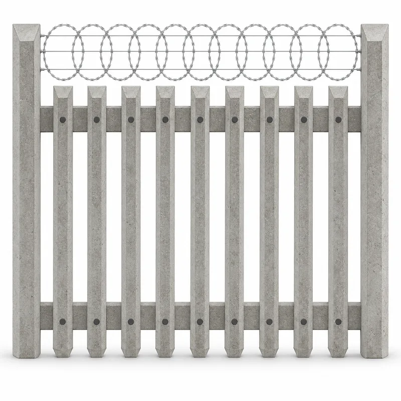 Concrete palisade product visualization: 1.8 metre system, nine pales and two rails with razor flatwrap