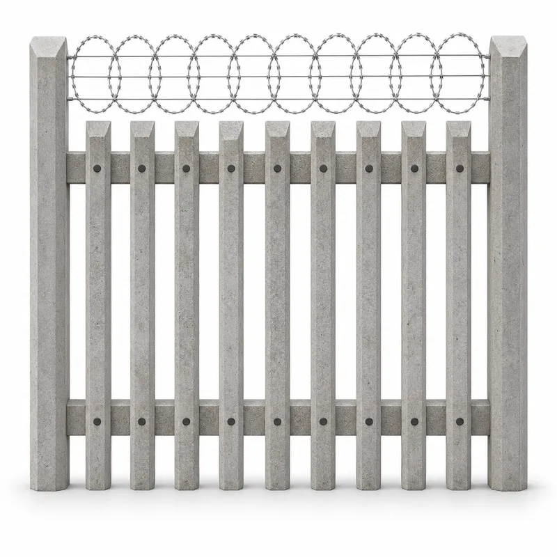 Concrete palisade product visualization: 2.4 metre system, nine pales and two rails with razor flatwrap