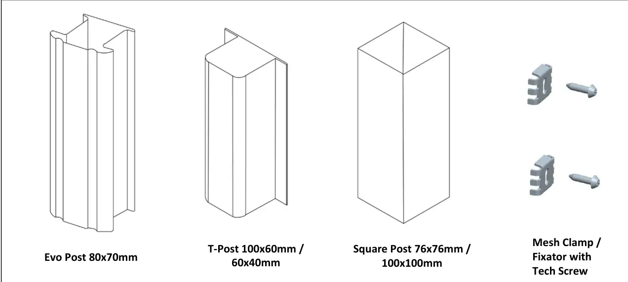 Original April 2026 drawing of Evo, T and square posts with mesh fixators