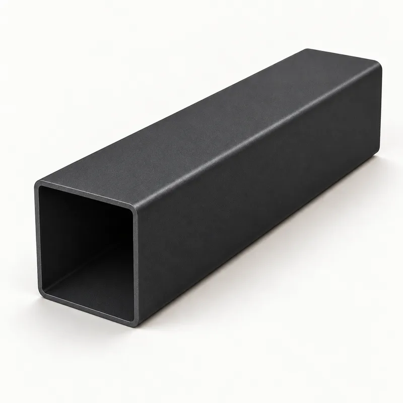 Charcoal powder-coated square hollow steel tube with its open end visible