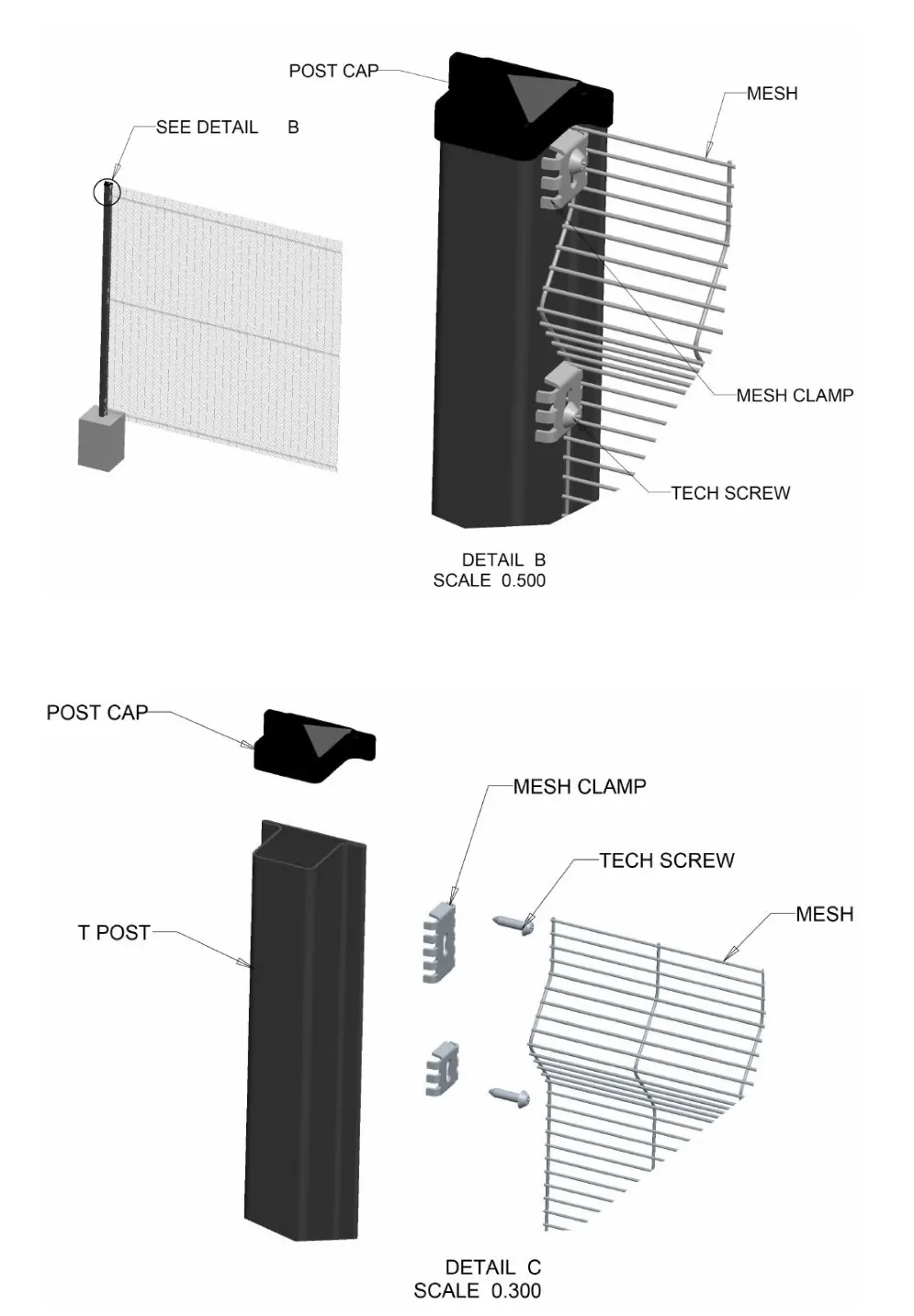 Original T-post assembly drawing identifying mesh, caps, clamps and technical screws
